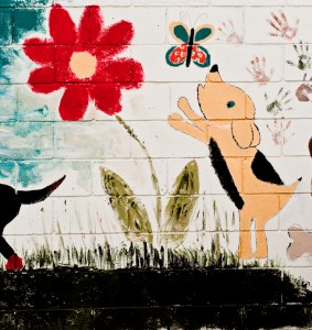 painted wall of a dog jumping up to smell a butterfly at the Baldwin Park Animal Shelter